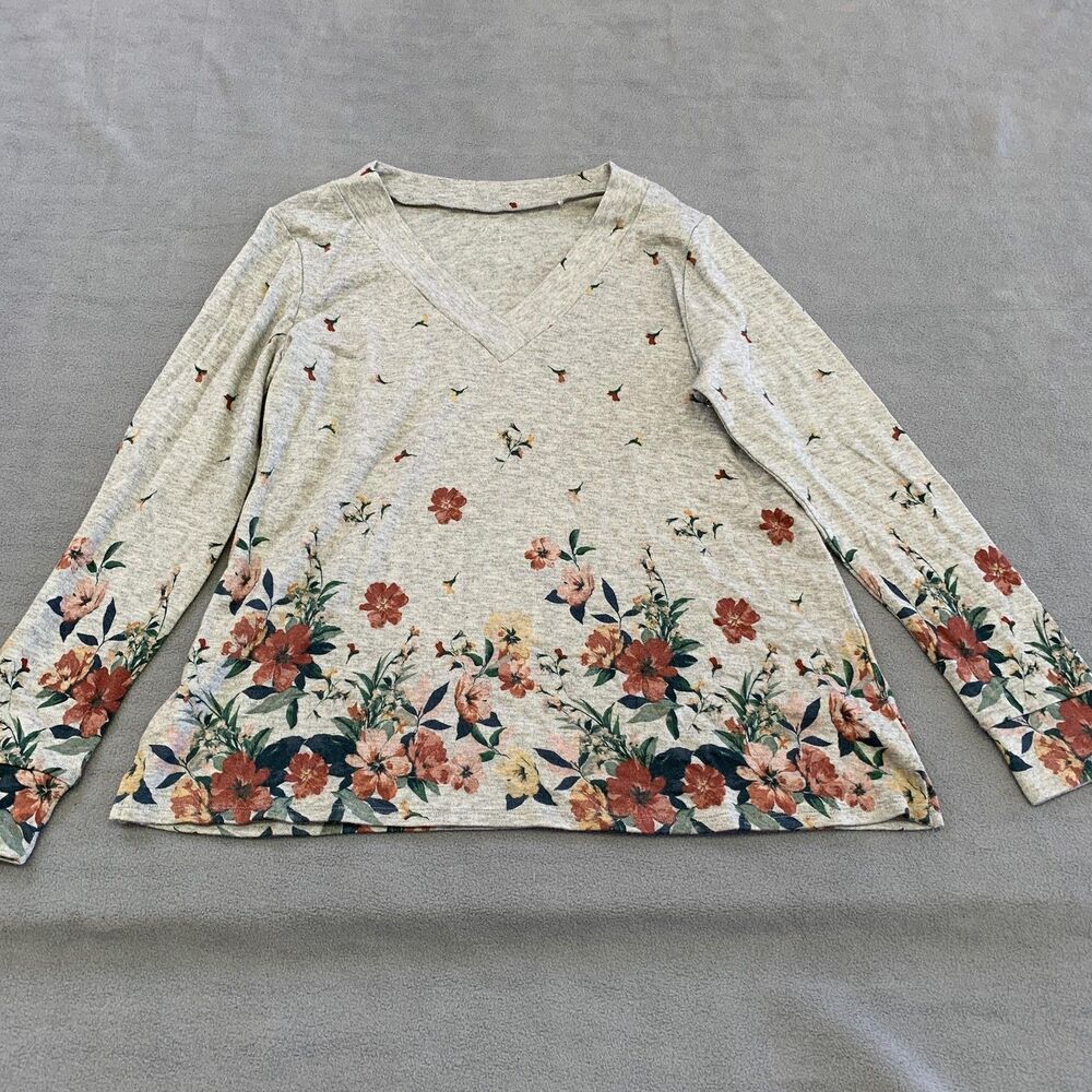 Grace & Lace Shirt Womens Large Gray Floral V-Neck Long Sleeve Lightweight Top